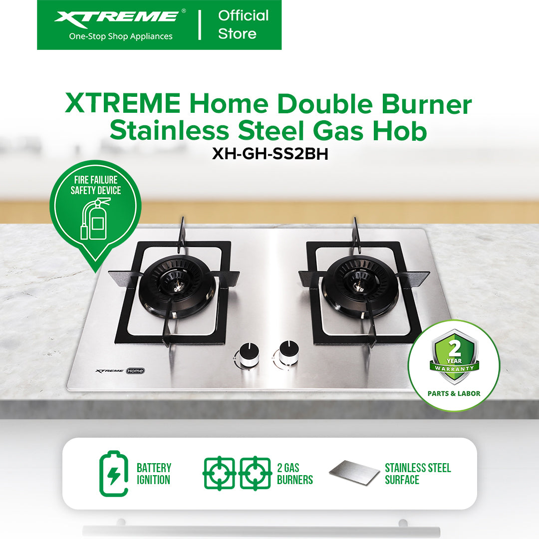 XTREME HOME Double Burner Stainless Steel Gas Hob w/ Cast Iron Battery