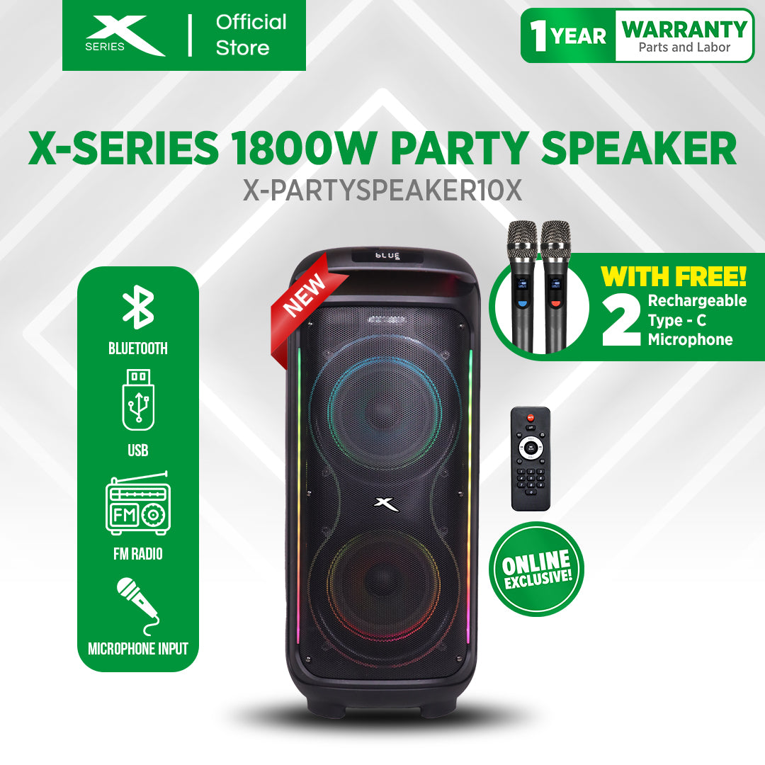 X-SERIES 1800W Party Speaker Out put12V100W Battery 12v9000MAH Speker 10"FMUSB Bluetooth 「X-PARTYSPEAKER10X]