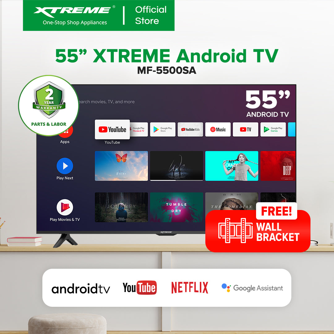 XTREME 55 inch LED TV Android 14.0 4K UHD Frameless with Free Wall Bracket (Black) | MF-5500SA