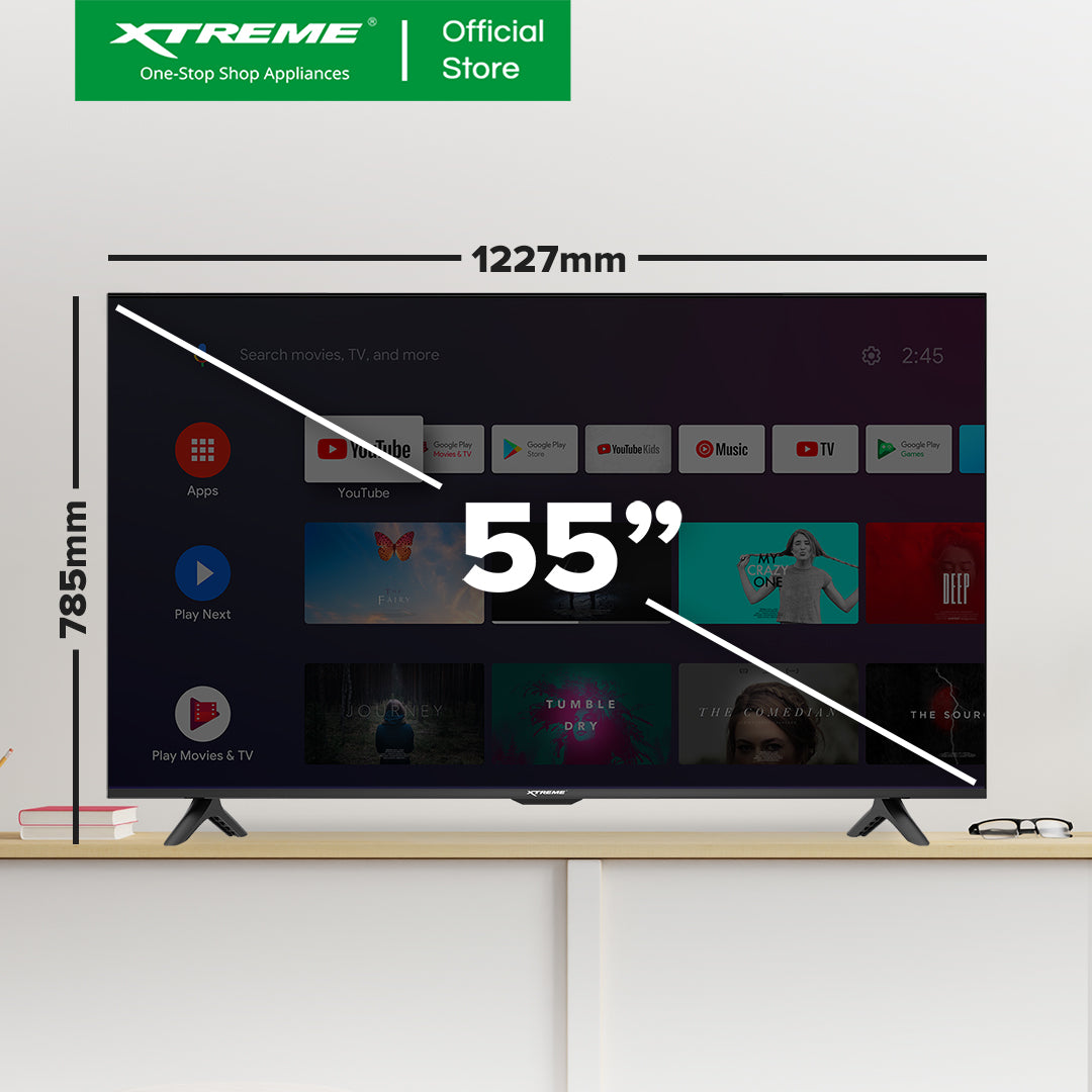 XTREME 55 inch LED TV Android 14.0 4K UHD Frameless with Free Wall Bracket (Black) | MF-5500SA