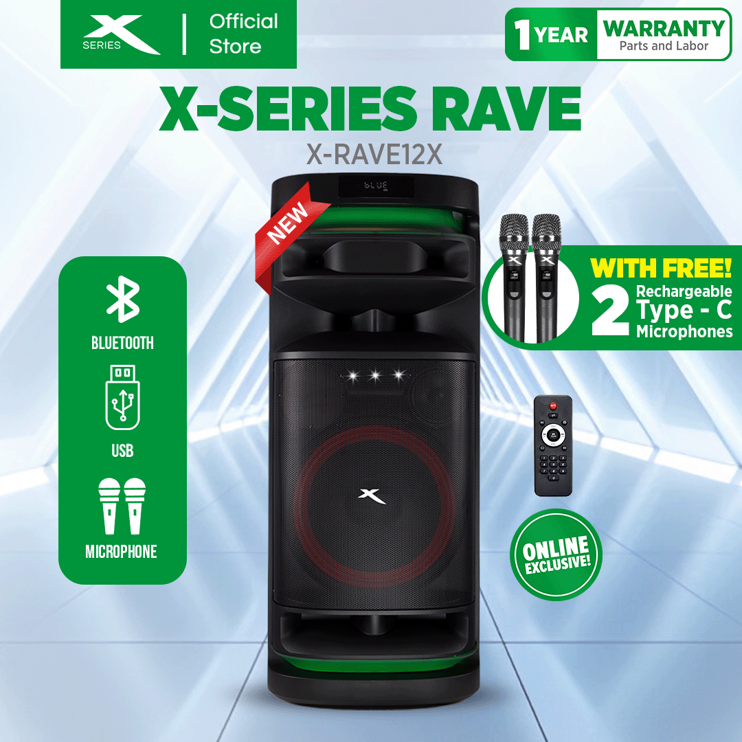 X-SERIES 1400W DJ Speaker with 2 Wireless Mic, Bluetooth, TF Card and Aux Input (X-RAVE12X)