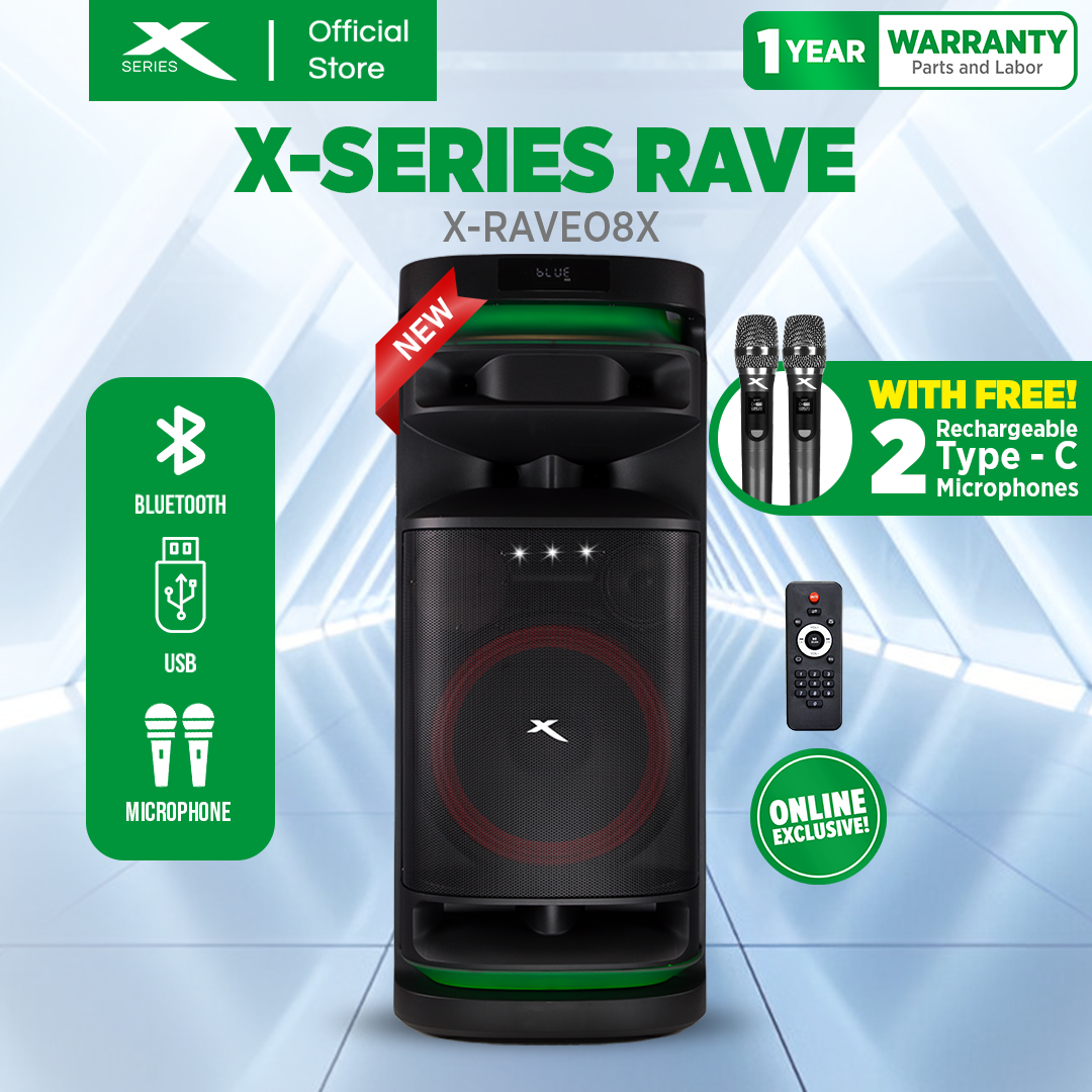 X-SERIES 1000W DJ Speaker with 2 Wireless Mic, Bluetooth, TF Card and Aux Input (X-RAVE08X)